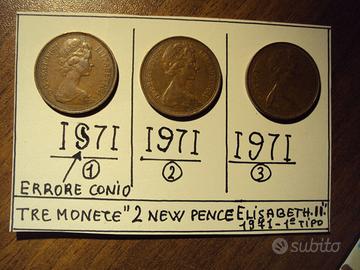 Tre monete"2 New Pence Elisabeth II,1971-1°tipo.