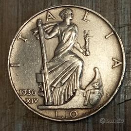 #2032 – Una Moneta 10 Lire 1936, Argento Regno Ita