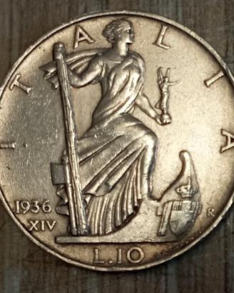 #2032 – Una Moneta 10 Lire 1936, Argento Regno Ita