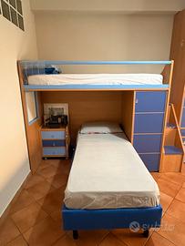 Letto 1 piazza blu + letto a castello+ comodino