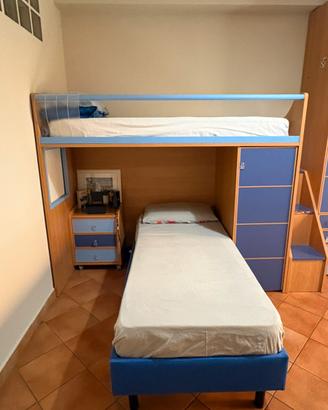 Letto 1 piazza blu + letto a castello+ comodino