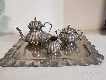 servizio da the' con vassoio in peltro d'arte ital