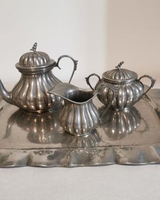 servizio da the' con vassoio in peltro d'arte ital