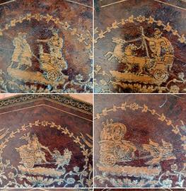 Antico tavolino " Rolo" in noce intarsiato 