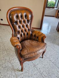 Poltrona Bergère Vintage in Vera Pelle Capitonnè