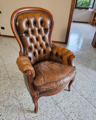 Poltrona Bergère Vintage in Vera Pelle Capitonnè