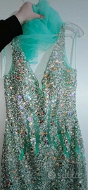 Abito lungo da cerimonia verde Tiffany con strass