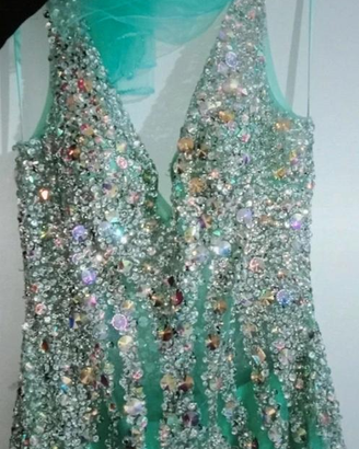 Abito lungo da cerimonia verde Tiffany con strass