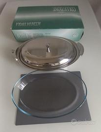 Pentola ovale con coperchio e vassoio in vetro