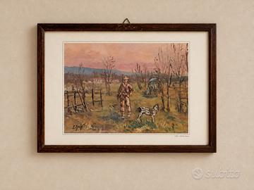 Stampa E.Busi vintage Cacciatore e cane da caccia
