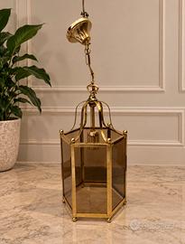 Lampadario vintage ottone vetro fumé esagonale