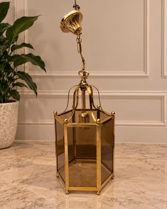 Lampadario vintage ottone vetro fumé esagonale