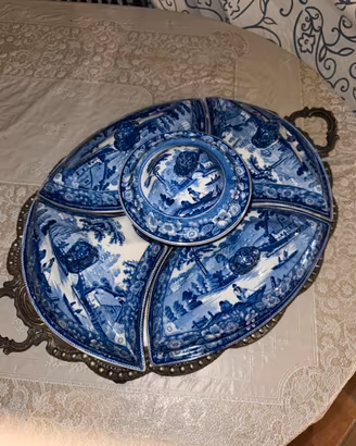 Antica Antipastiera inglese ceramica blu +Vassoio