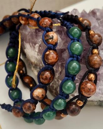 tre bracciali shamballa con agata verde e marrone