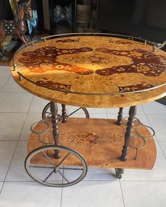 Carrello bar portavivande d'epoca in legno intarsi