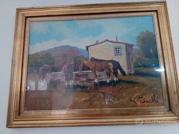 Cavalli All abbeveratoio olio su tela autore Marti