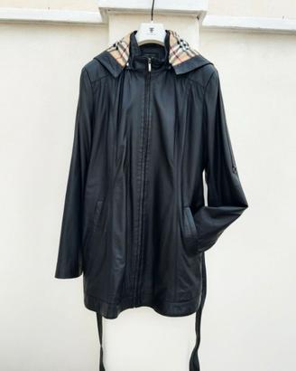 Giacca giaccone pelle, nera , cappuccio staccabile