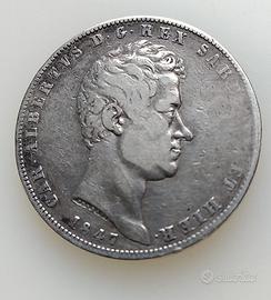 REGNO SARDEGNA,CARLO ALBERTO,5 LIRE 1847 TO,R2,QBB