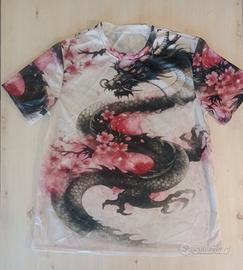 T‑shirt uomo L – drago e fiori di ciliegio, nuova