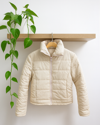 Piumino corto color panna + cardigan beige in omag