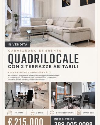 QUADRILOCALE CON DUE TERRAZZE ABITABILI & GARAGE 