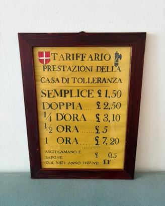 Tariffario Casa Tolleranza Vintage Riproduzione