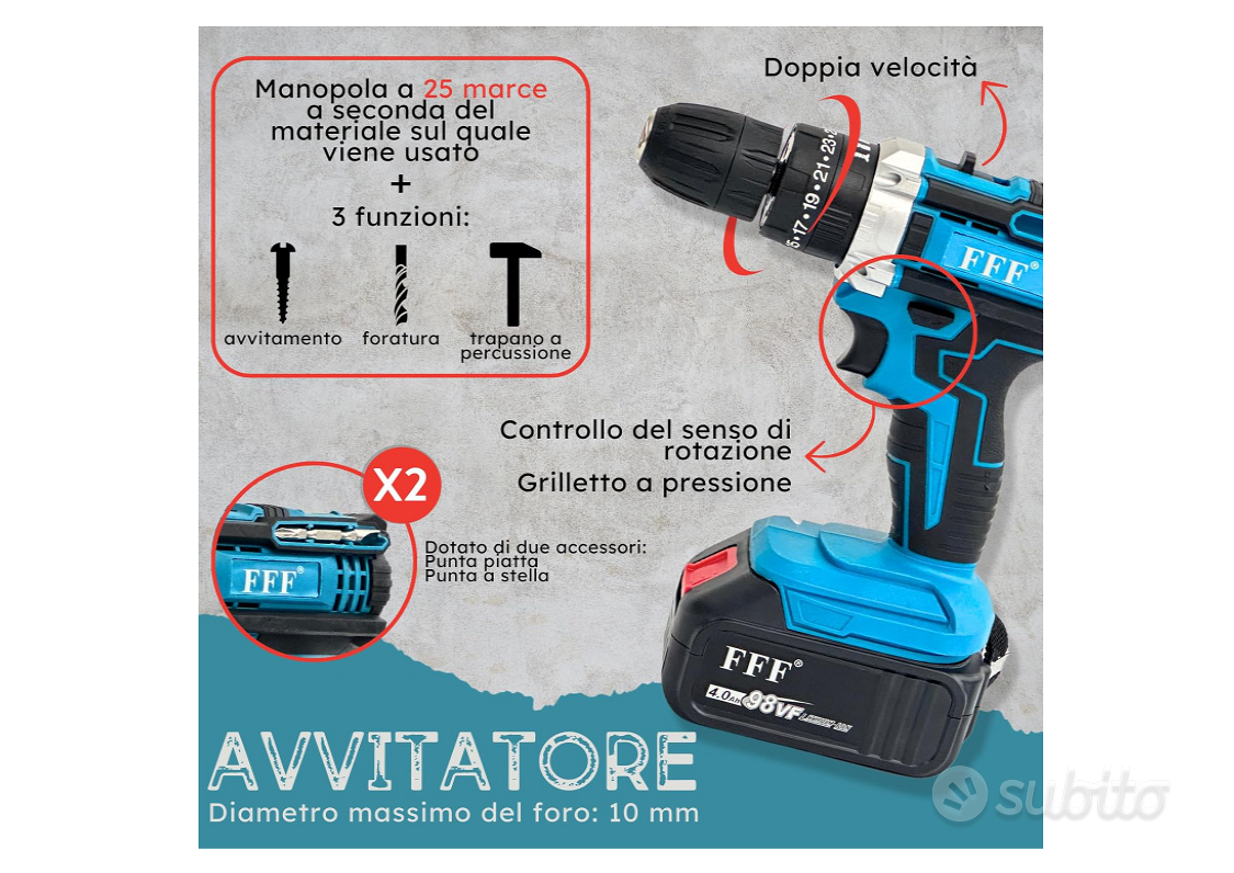 Kit Completo Professionale Fai da Te 4 in 1 con Trapano Avvitatore a  Batteria, Trapano a Percussione a Batteria, Smerigliatrice Angolare a  Batteria, Trapano a Martello e ad Impulsi Svita Bulloni 68v 