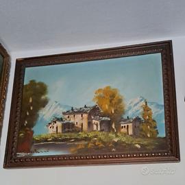 quadro anni '70, con paesaggio montano, case, lago