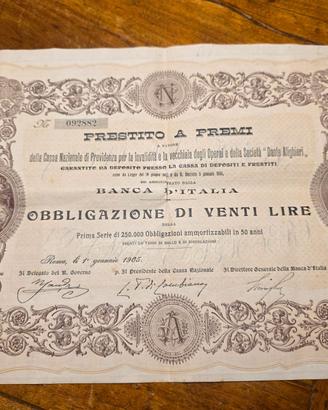4 fogli Obbligazione di 20 Lire anno 1905