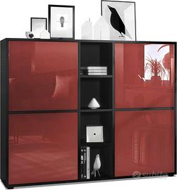Credenza moderna nero e bordeaux con 12 scomparti