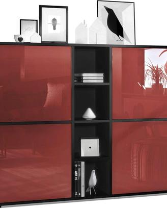 Credenza moderna nero e bordeaux con 12 scomparti