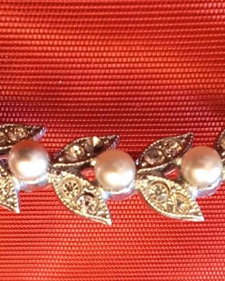Spilla silver plate fiori, perle e stras 1950