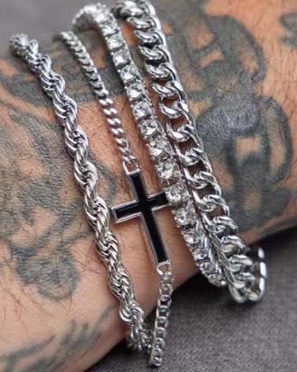 Set con 4 bracciali Silver - Catena Tennis e Croce