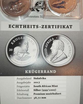 Moneta argento Krugerand 1 oncia 2017-prima ediz.
