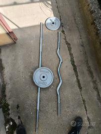 dischi ghisa 5 e 10 kg e bilancieri dritto e sagom