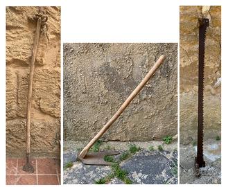 Lotto attrezzi contadini raspa zappa bidente sega