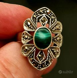 Anello argento vintage con pietra malachite