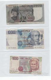 6 banconote lire -2x10000-3x1000-2000- anni vari -