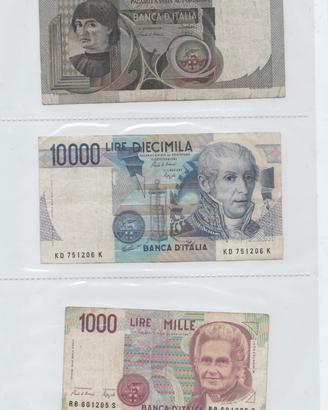 6 banconote lire -2x10000-3x1000-2000- anni vari -