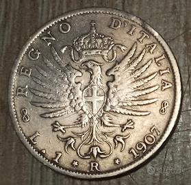 #1930-Una Moneta 1 Lira 1907 Argento Regno Italia