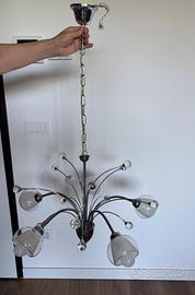 Lampadario moderno cromato con cristalli e vetri