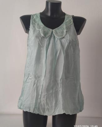 Top Donna Verde acqua in Seta colletto in pizzo