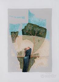 Abbraccio tra alberi e cielo in serigrafia poetica