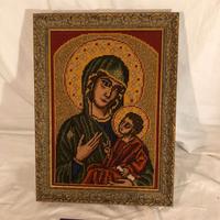 Icona Madonna con Bambino Ricamata Arte Sacra