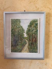 Quadro bosco con paesino dipinto a mano