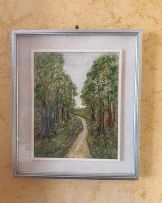 Quadro bosco con paesino dipinto a mano