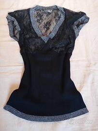 Top Vintage Y2K Nero in Pizzo con Bordi Silver