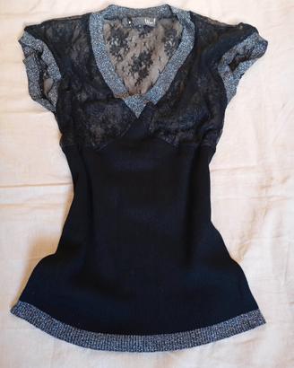 Top Vintage Y2K Nero in Pizzo con Bordi Silver