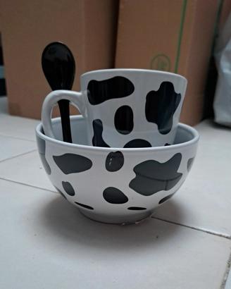 Set Colazione Stile Mucca – Tazza, Ciotola e Cucch