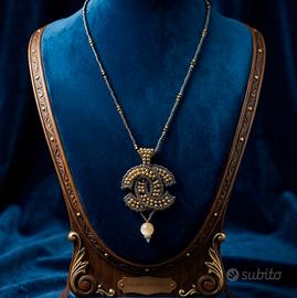 Collana Vintage Nera Medaglione pietra Agata